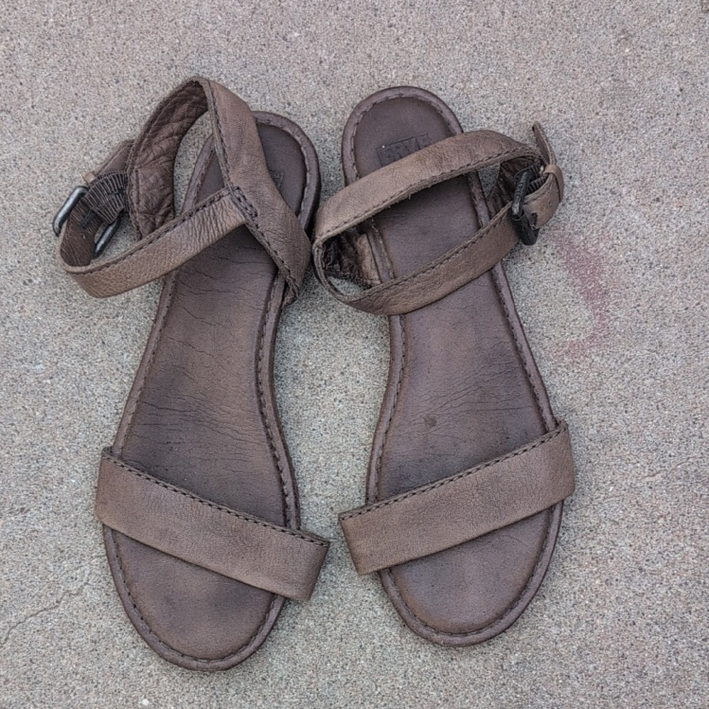 Frye Brown Leather Two-Strap Ankle Buckle Sandals